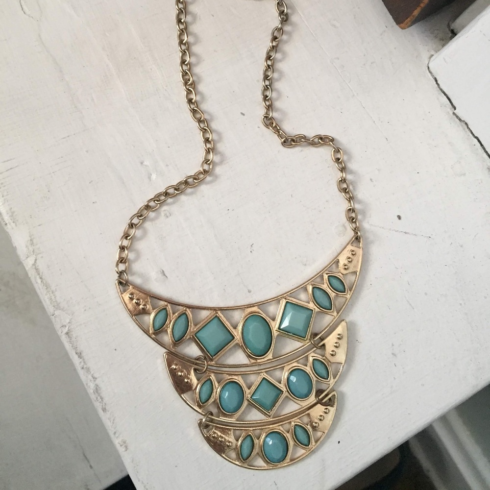 H&M gold and turquoise gem statement necklace